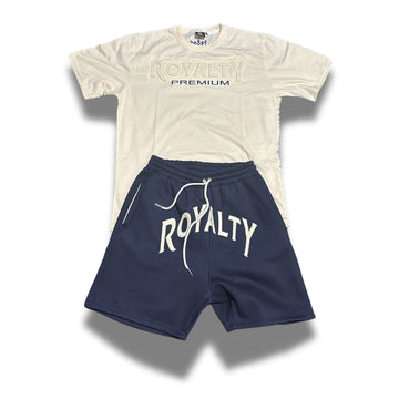 Navy Shorts Set Ivory Color logo w/ green satin and silk blend pockets